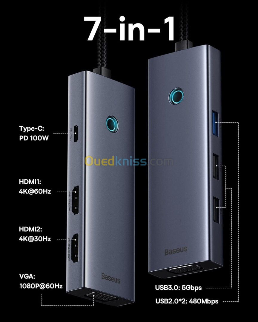 Baseus Hub USB C Dual 4K Station triple écran 7 en 1 avec 2 HDMI,VGA,USB3.0,USB2.0, 100 W PD