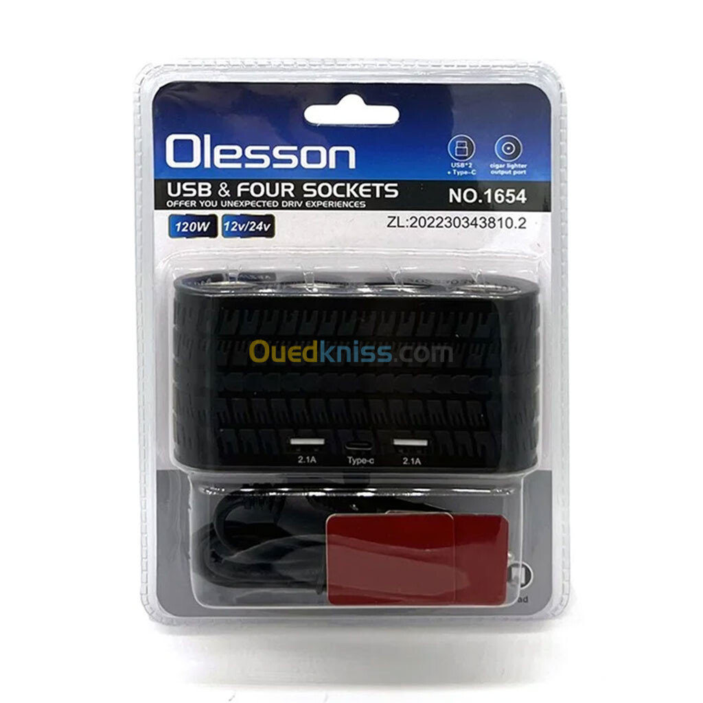 OLESSON 1654 Chargeur de Voiture 4 Sockets Lighter Cigarette 2 Adaptateur de Charge USB + 1 Type-C