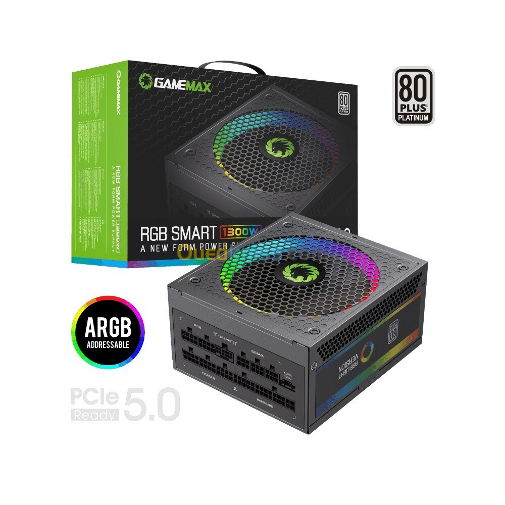 GameMax RGB1300 Bloc d'alimentation modulaire 80 Plus Platinum ATX3.0 PCIe 5.0 avec Ventilateur ARGB