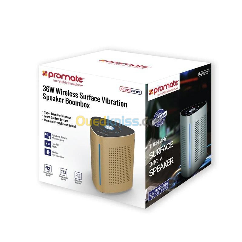 Promate CYCLONE Wireless Speaker 36W Bluetooth Surface Vibration Touch Control System, 3.5mm Jack 