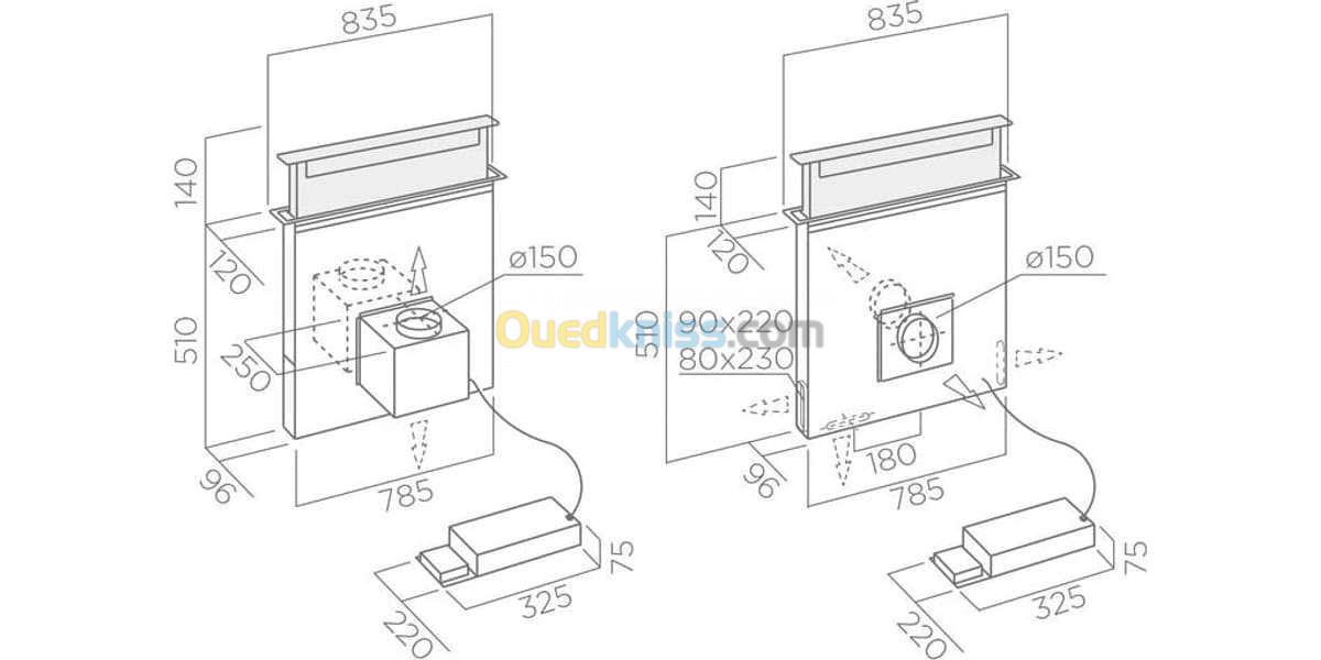 HOTTE DE PLAN DE TRAVAIL ESCAMOTABLE ELICA EN INOX 90 CM TOUCH TACTILE Débit D'AIR 669 m CUBE /h 