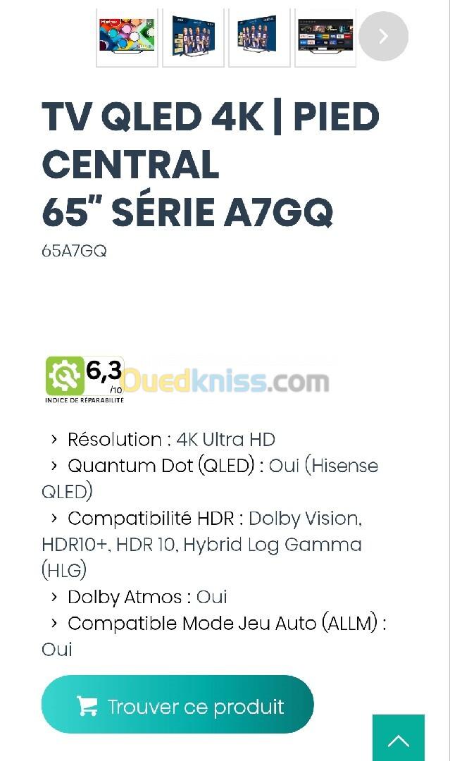 Télévision Hisense 65 p Jdid TV QLED 4K | Pied central 65 Série A7GQ