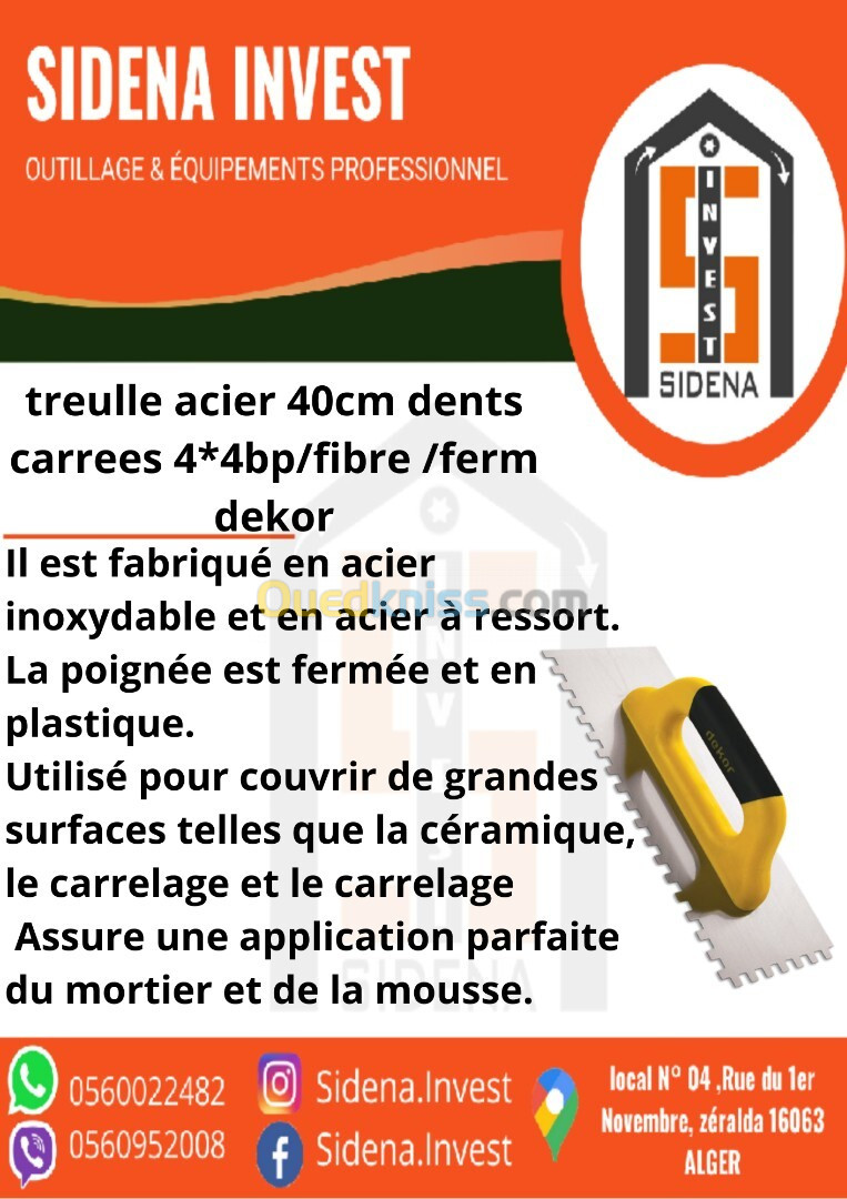 Truelle Acier 40 Cm Dents Carees 4*4 P/Fibre/Ferm  DEKOR