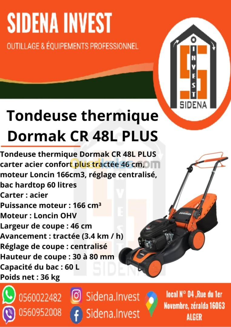 Tondeuse thermique Dormak CR 48L tractée 46 cm moteur Loncin 166cm3