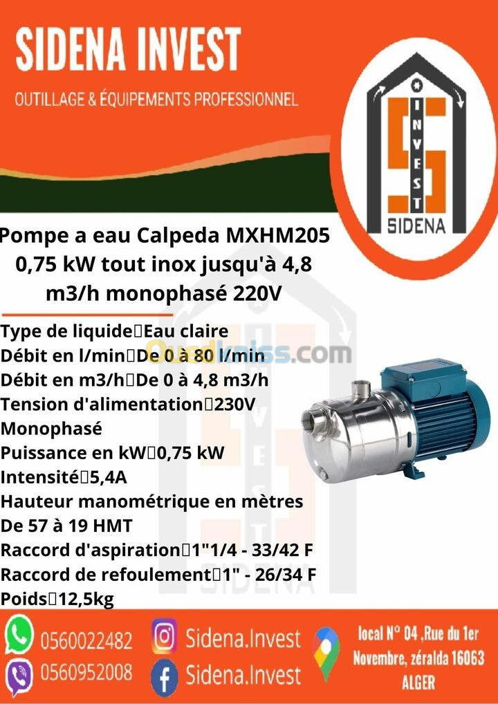 pompes multicellulaires horizontales monobloc en acier inoxidable MXHM 205 CALPEDA