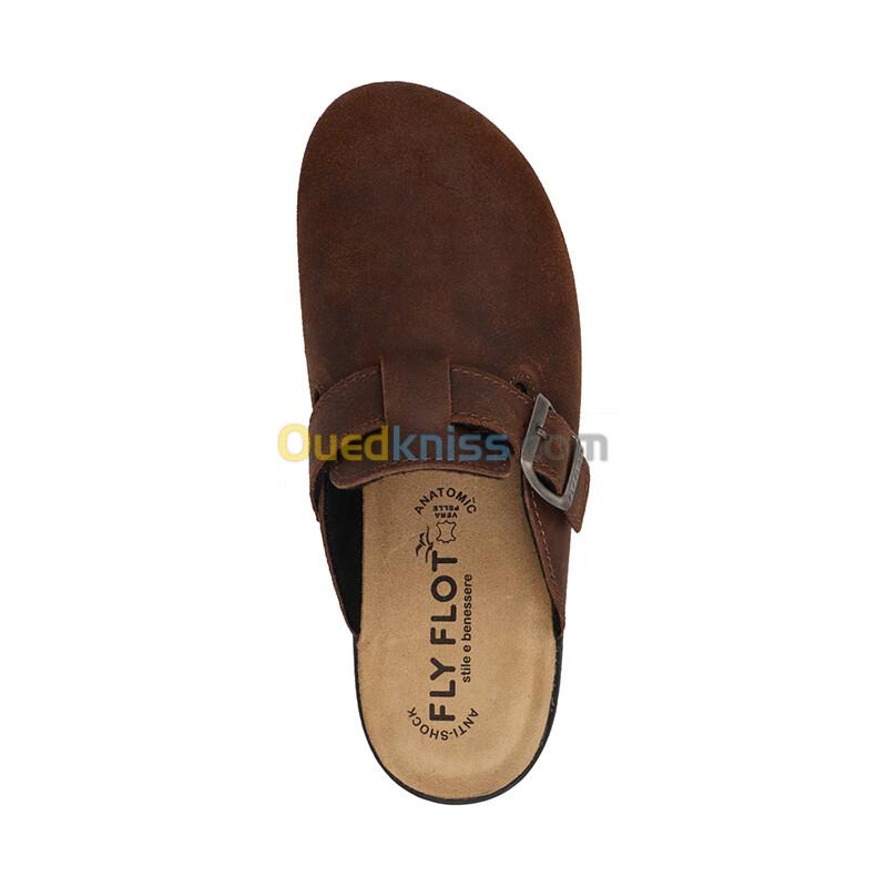 FLY FLOT Leather Man Slipper Dark-Brown