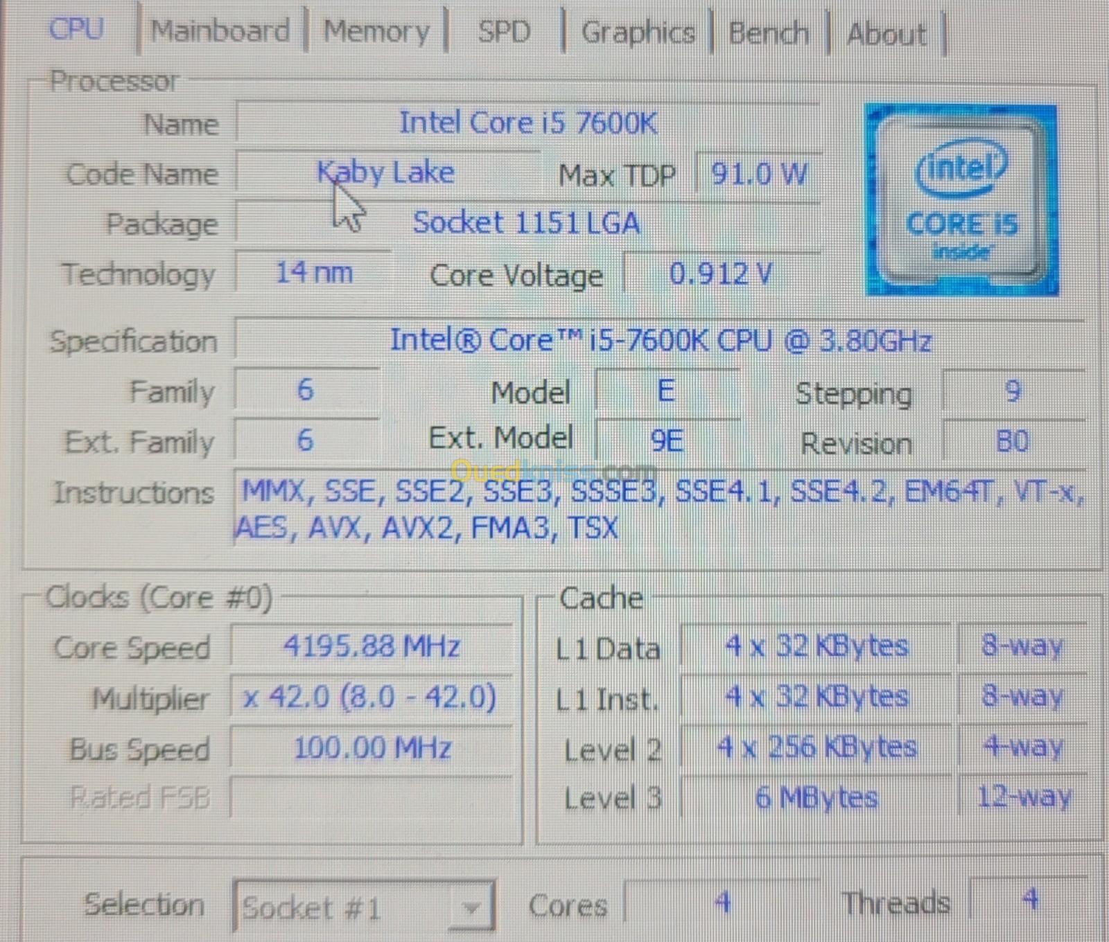 Processeur intel i5-7600k + 8Gb RAM XPG 3200mhz SANS carte mère