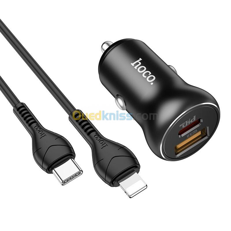 CHARGEUR TELEPHONE AUTO 30W HOCO AVEC CABLE TYPE C TO LIGHTNING 1M  PD30W+QC3.0 NZ5