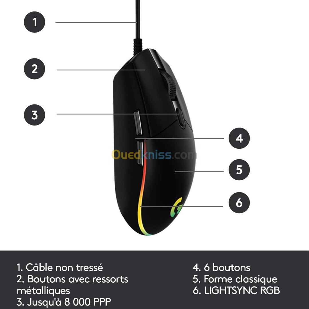 Souris Logitech Gaming G203 LIGHTSYNC USB 6 Boutons Programmables, Capteur Niveau Gaming, 8 000 PPP