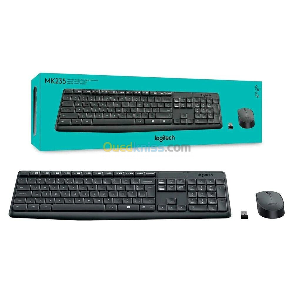 Combo Clavier et Souris Logitech MK235 Sans Fil pour Windows, Souris Optique