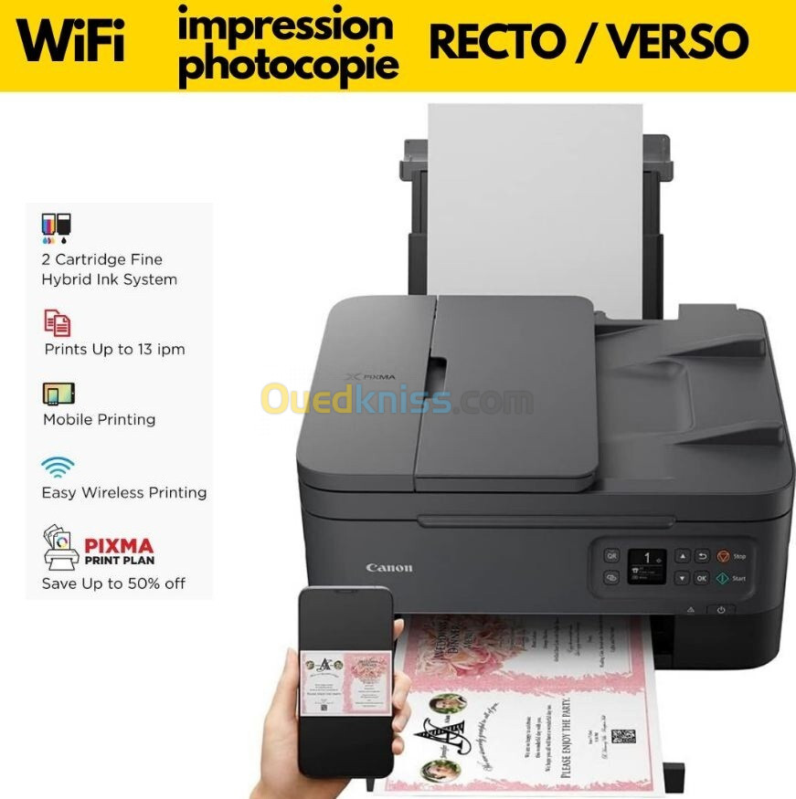 Imprimante Canon PIXMA TS7450i 3-en-1 WiFi Recto Verso à Chargeur de Document