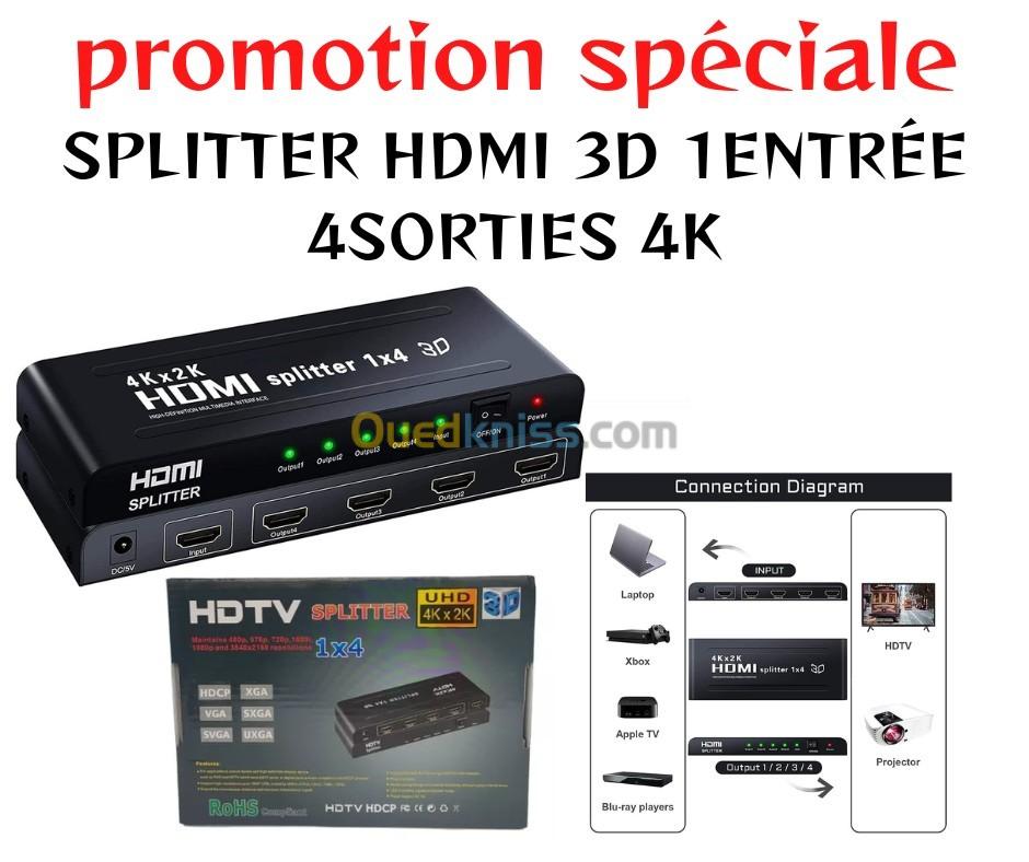 Splitter HDMI 3D 1Entrée 4Sorties Soutien 4K,Supporte PC Xbox HDTV DVD Écran Projecteur