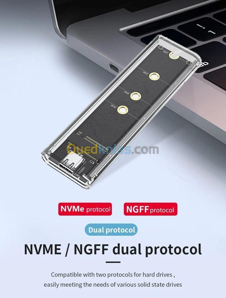 Boîtier de disque dur USB type C,RGB M.2 NGFF Nvme, 2230/2242/2260/2280 jusqu'à 10Gbps