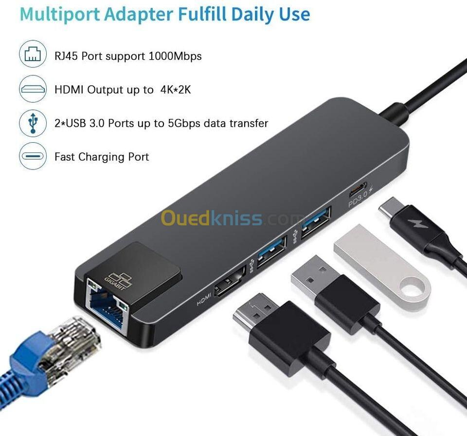  Hub USB 5en1  HDMI+USB-C+USB3.0*2+LAN RJ 45 vers USB-C .