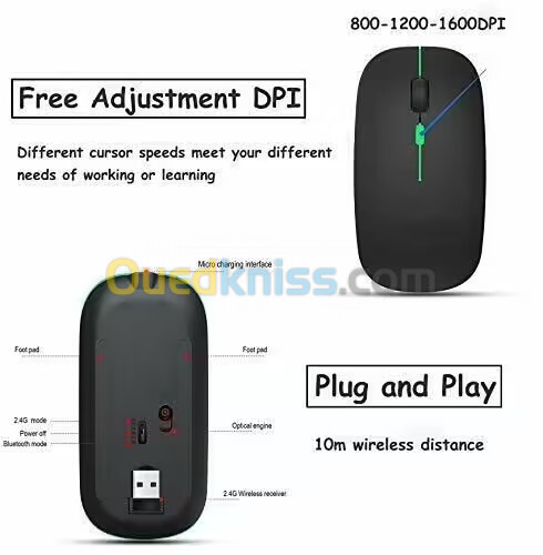 Souris sans fil rechargeable Bluetooth 5.1 + 2.4G ultra-mince silencieuse W10 HP/DELL