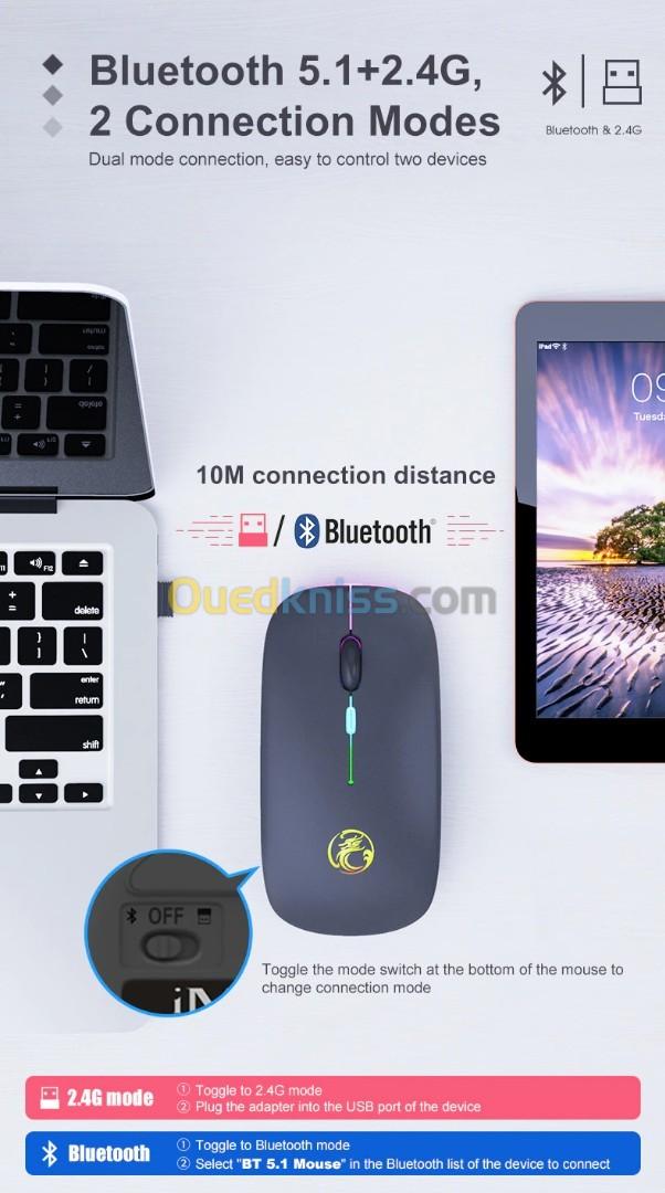 Souris Sans Fil Bluetooth, 2.4G USB Rechargeable Pour Tablette PC