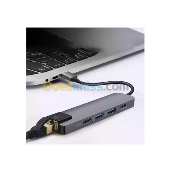  Hub USB 5en1  HDMI+USB-C+USB3.0*2+LAN RJ 45 vers USB-C .