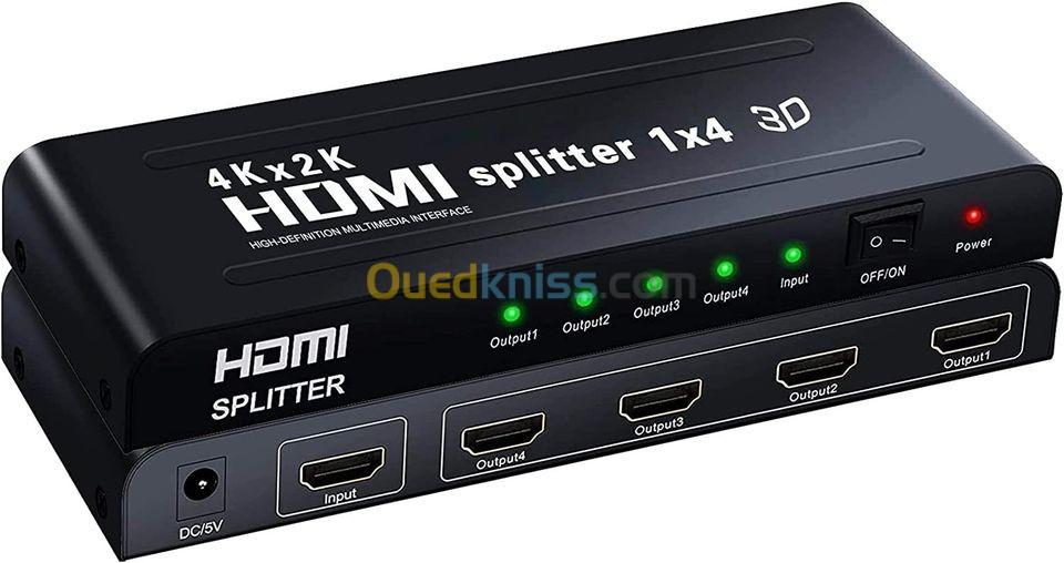 Splitter HDMI 3D 1Entrée 4Sorties Soutien 4K,Supporte PC Xbox HDTV DVD Écran Projecteur