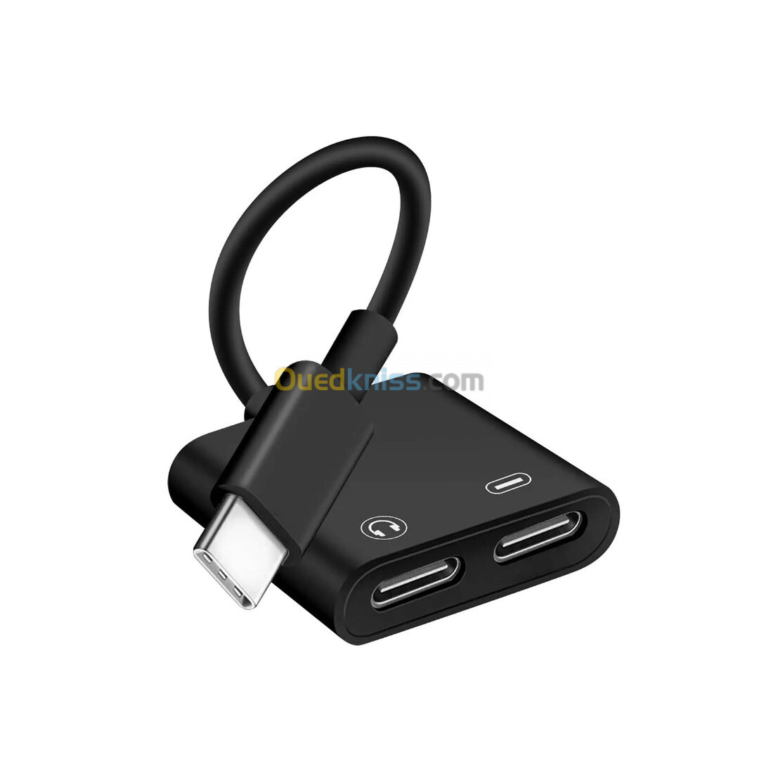 Adaptateur USB-C Mâle vers Double USB-C Femelle Audio et Charge Compact Noir