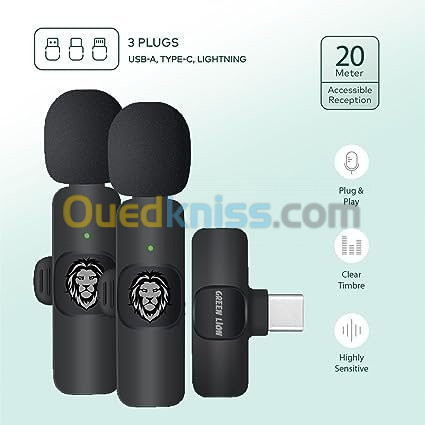 DOUBLE Microphone sans fil Green Lion 3en1(USB-A, Type-C et Lightning) (20 mètres)