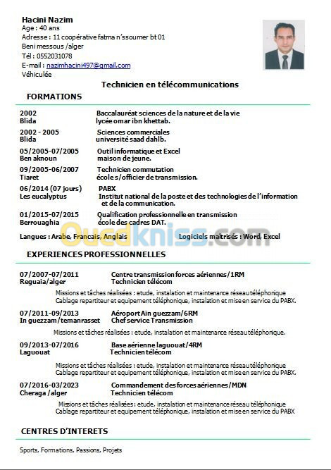 Technicien Télécommunications  expérience 16 ans 