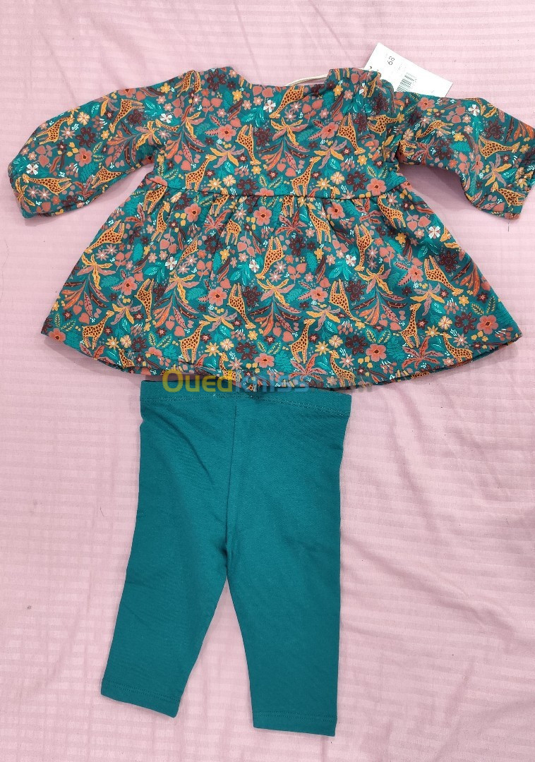 Robe avec pantalon ensemble verte multicolore pour fille de 6 mois de la marque du pareil au même d'origine