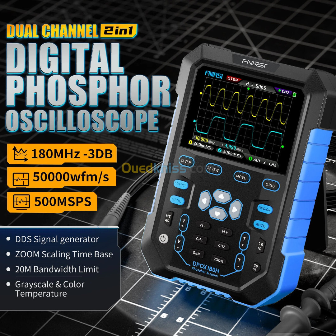 Oscilloscope numérique à phosphore FNIRSI DPOX180H 2 canaux 180 MHz 2-EN-1