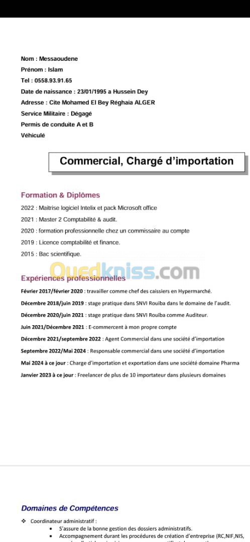 Charge de import export/commercial