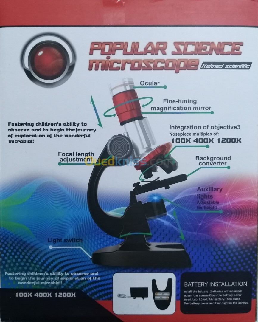 Microscope scientifique chimique pour laboratoire zoom x1200 avec lumières