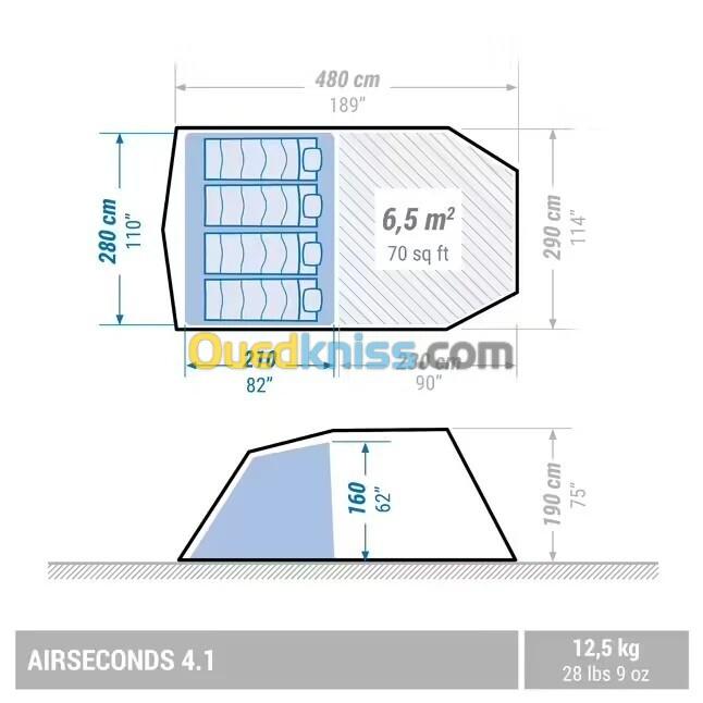 Tente Gonflable Quechua Air Seconds 4.1 Bleu Blanc 4 Personnes