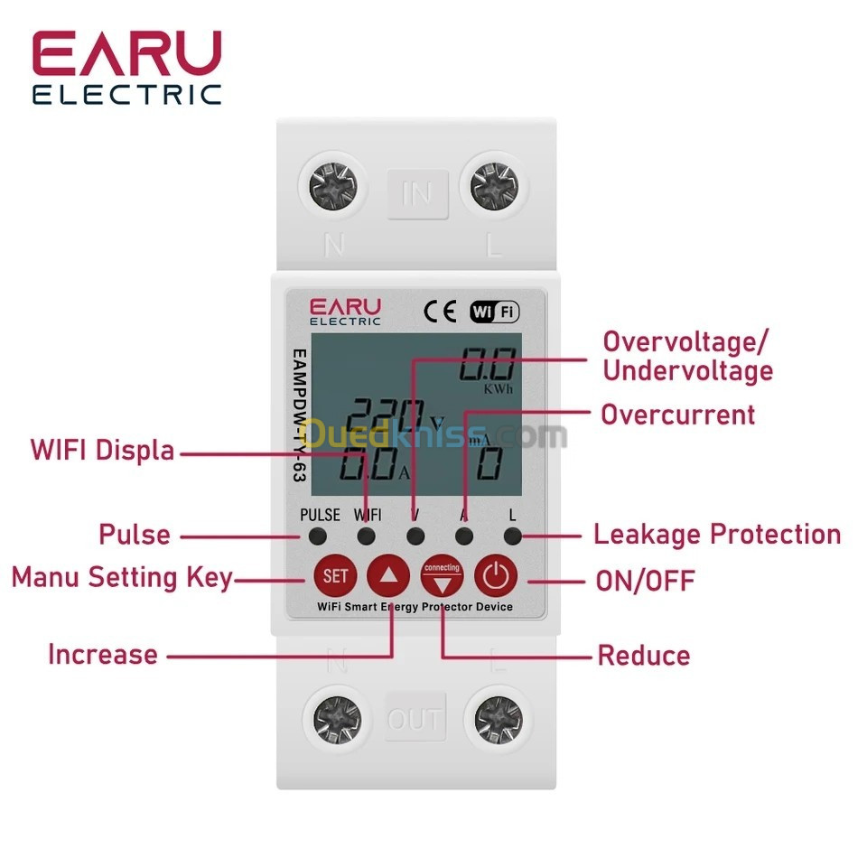 Protection contre les surtensions smart connecté, compteur d'énergie kWh, 2P, 63A, TUYA Andrea WiFi