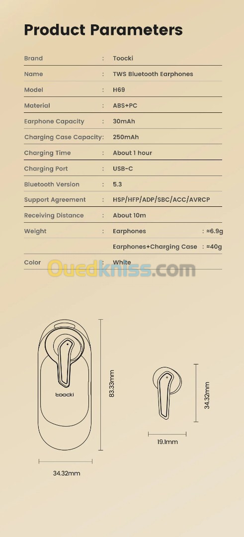 الأصلي Toocki - Écouteurs sans fil Bluetooth 5.3 TWS contrôle tactile 28dB