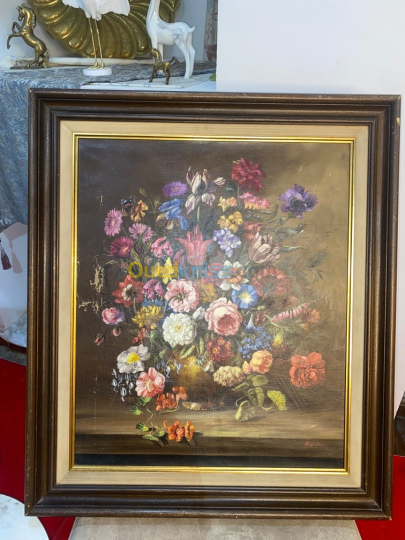 tableaux ancien huile sur toile bouquet de fleurs , periode coloniale 19em siècle 75/65cm
