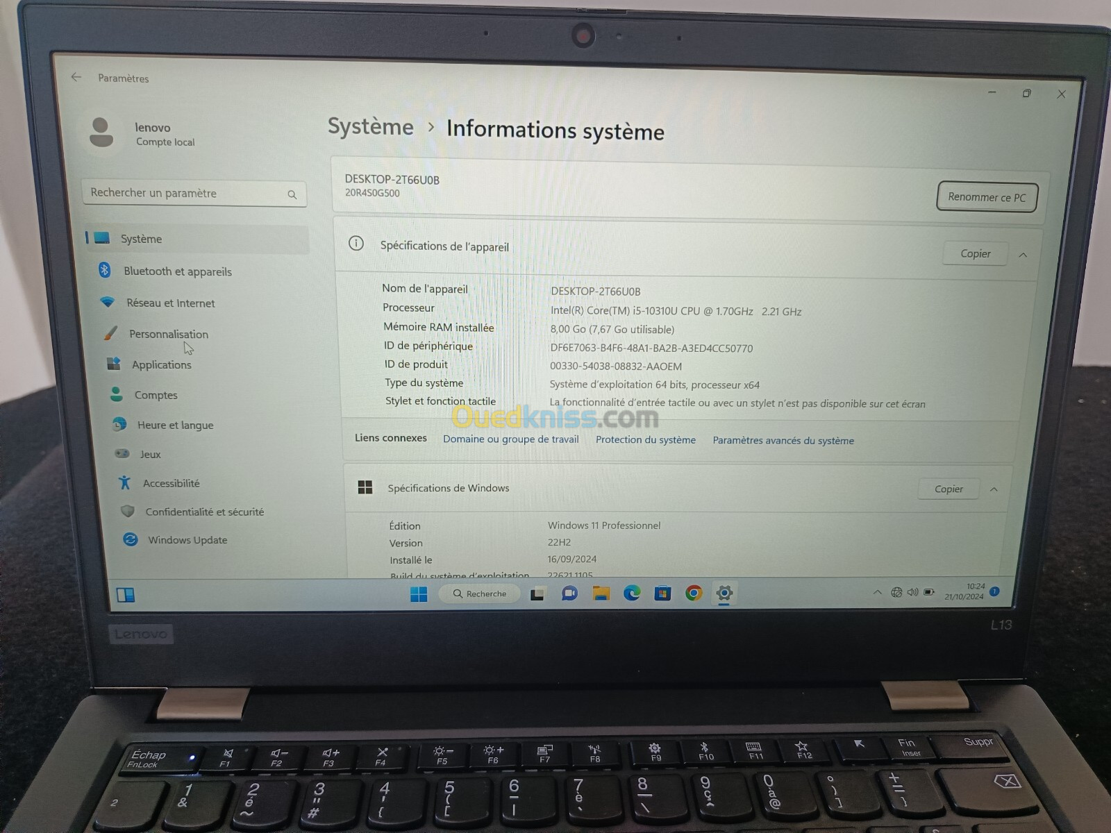 laptop lenovo t13 i5 10eme 8g ssd256 13.3" fhd