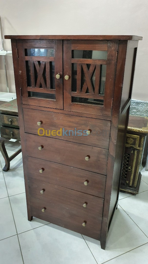 Meuble indien commode vitrine avec 2 portes vitrées et 4 tiroirs 