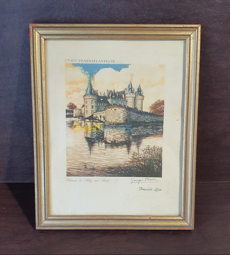 2 Tableaux Gravure couleur Signé Georges Plasse (1878-1948), 2 Châteaux, Cadre Doré à la feuille