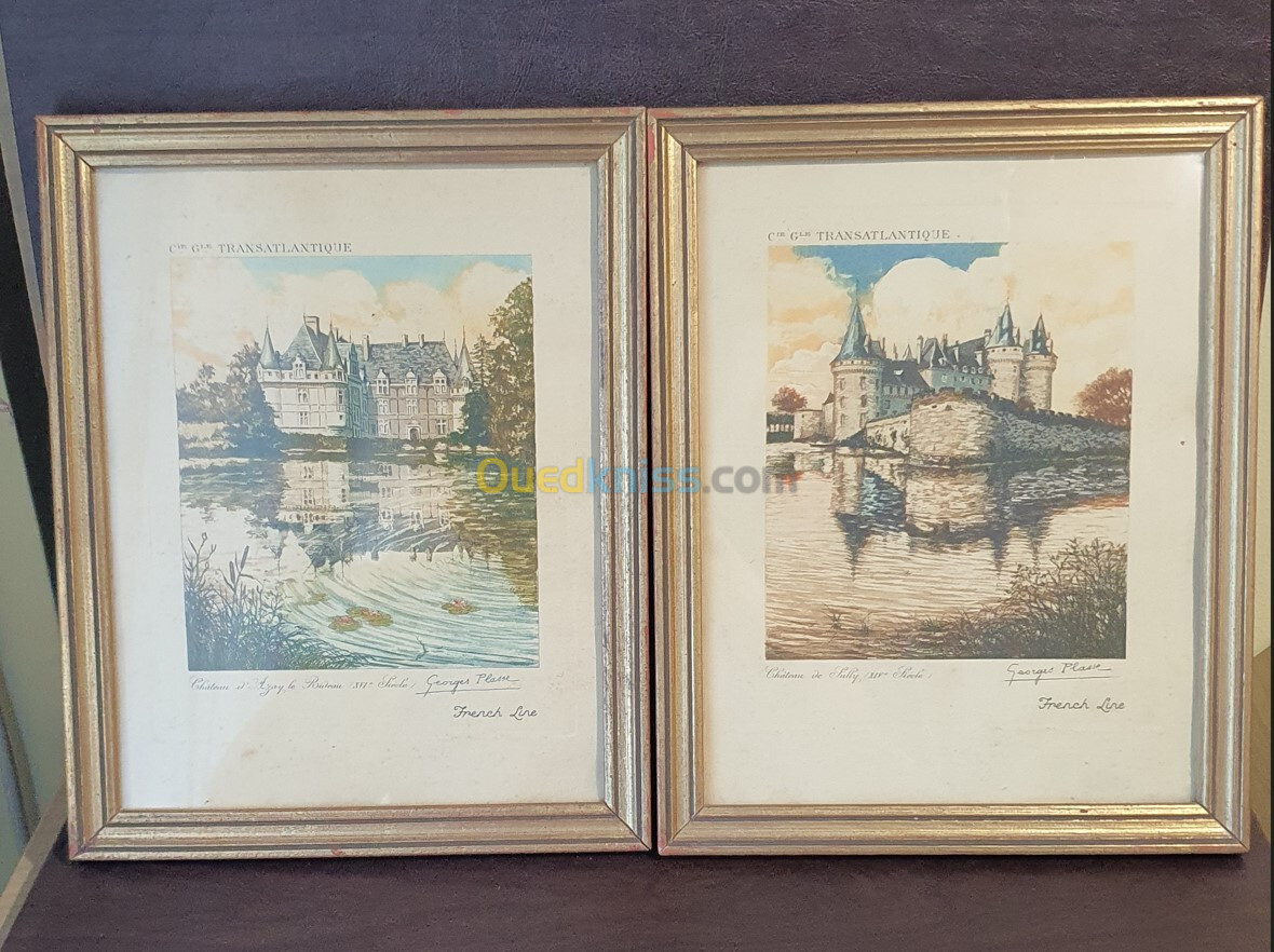 2 Tableaux Gravure couleur Signé Georges Plasse (1878-1948), 2 Châteaux, Cadre Doré à la feuille