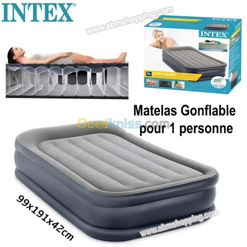 Matelas Gonflable FiberTech Avec Pompe Electrique Intégrée, et Système de Support Profilé 99x191x42