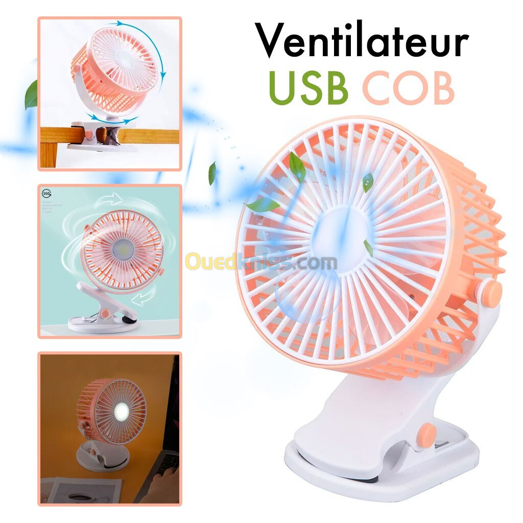 Ventilateur de bureau portable à pince réglable à 360 degré, rechargeable via USB