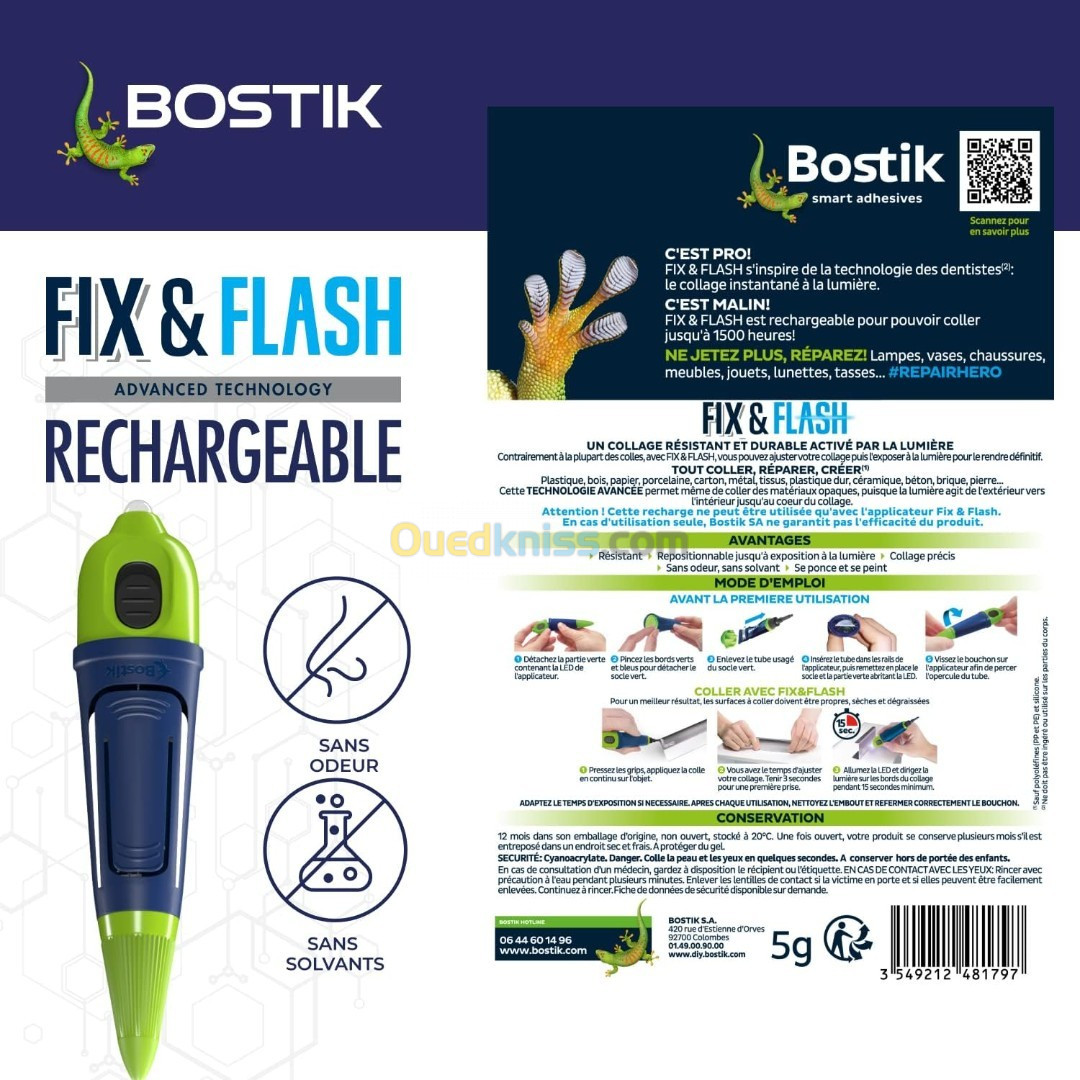 Bostik Fix & Flash Colle de Réparation Lumière UV (Colle Forte Photoactive) Applicateur et Tube