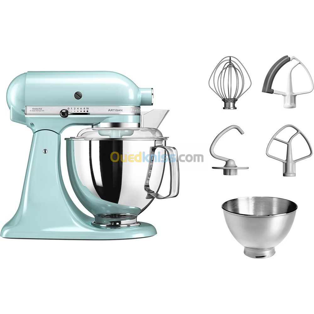 PETRIN KITCHEN AID ARTISAN 4.8 L BLEU CIEL 300 W BATTEUR PLAT CROCHET PETRISSEUR