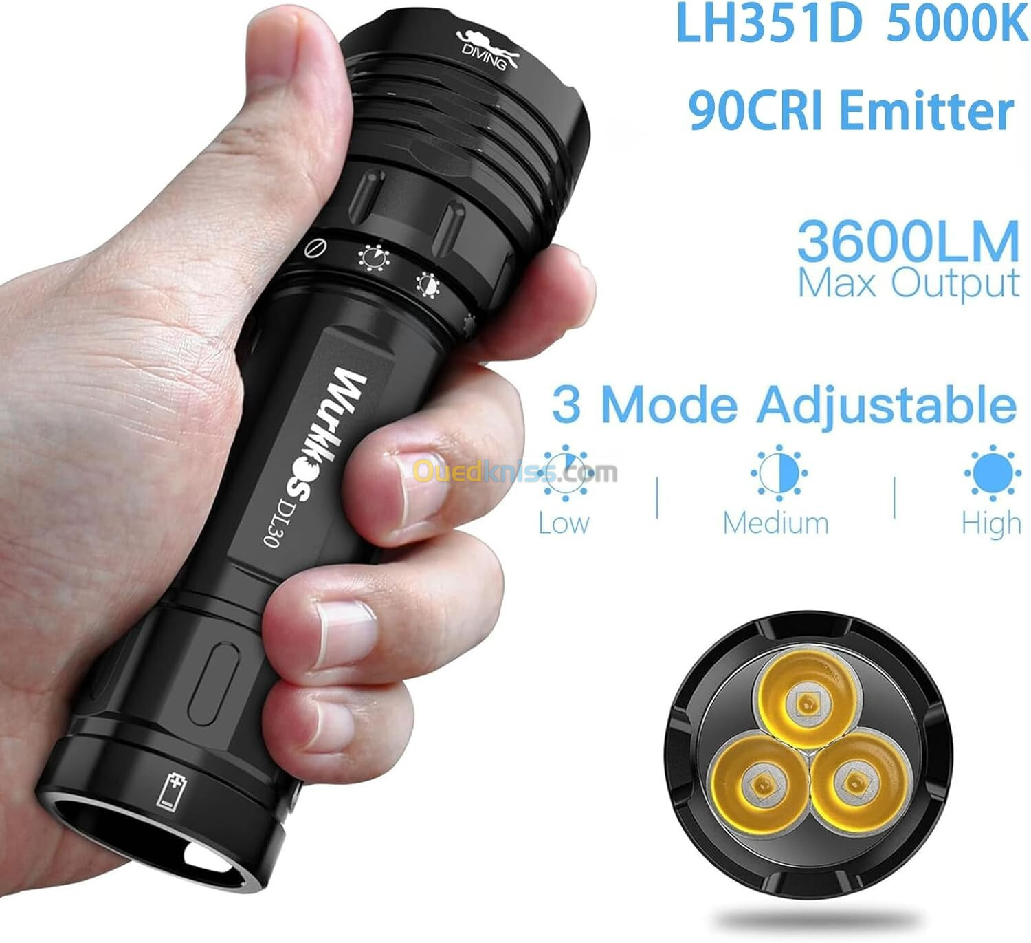 Lampe Torche Wurkkos DL30 - 3600 Lumen Chasse Sous Marine Plongée (Rechargeable)