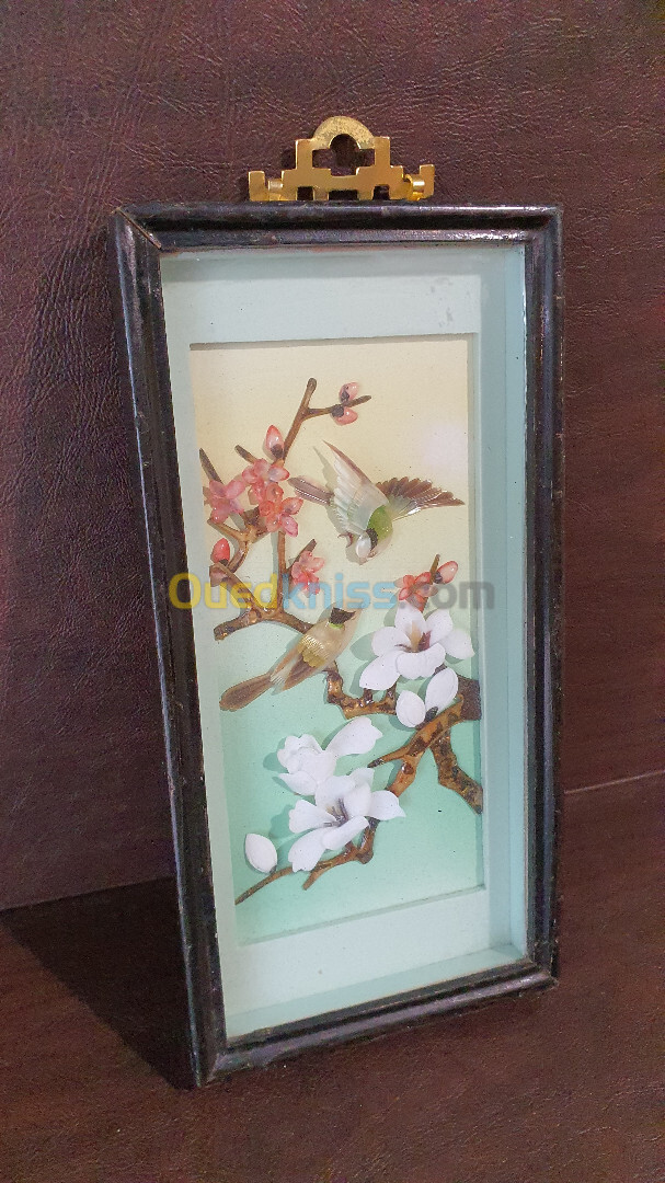 Petit tableau Cadre vintage chinois oiseaux en nacre, feuillages et oiseaux en relief