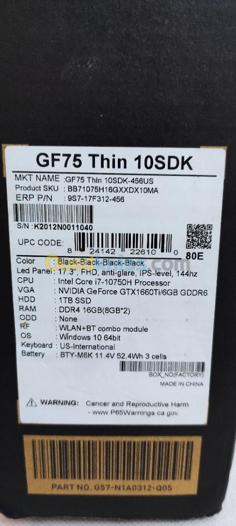 [ vendu ] MSI 🐉 GF75 THIN I7-10750H GTX 1660TI 16GB 1TB SSD 17.3" 144HZ 