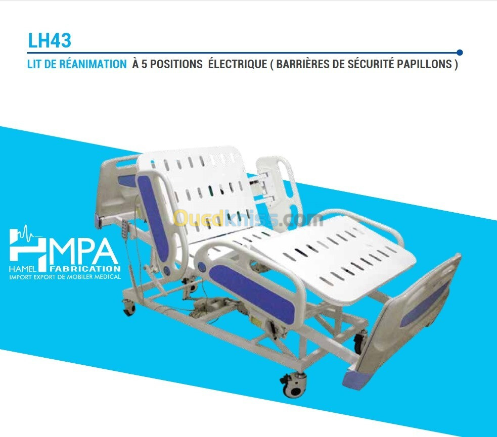 Lit de réanimation à 5 positions électrique (barrières de sécurités papillons) LH43