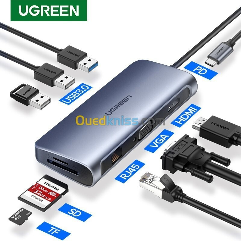 PROMO Adaptateur HUB Ugreen 10 In 1 USB-C Type-C To HDMI VGA RJ45 SD/TF 3 / USB 3.0 Type-C PD 