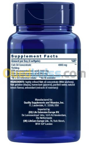 LIFE EXTENSION Mega EPA/DHA, EU Oméga-3 fondamentaux non-GMO Sans gluten Omega-3 EPA/DHA 120softgels