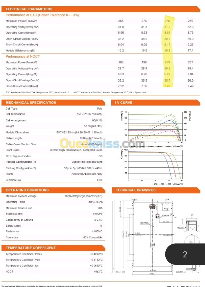 Panneaux solaires 275w