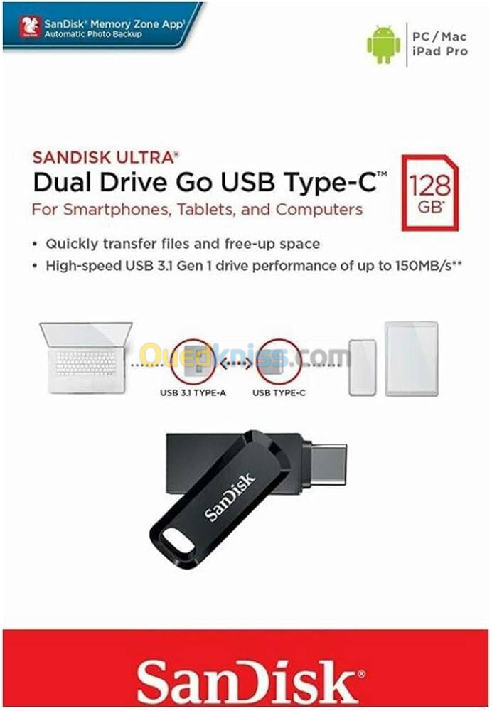 Flash Disque SANDISK ULTRA Dual Drive Go USB Type-C 128G