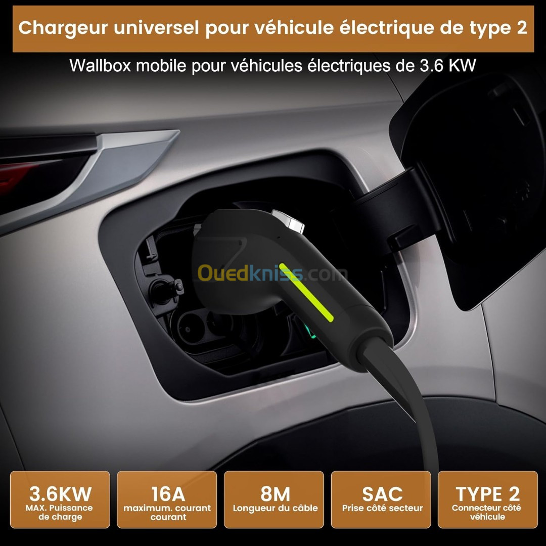 Neuf - Chargeur Véhicule Hybride ou Électrique avec Câble Type 2 de 5 Mètres